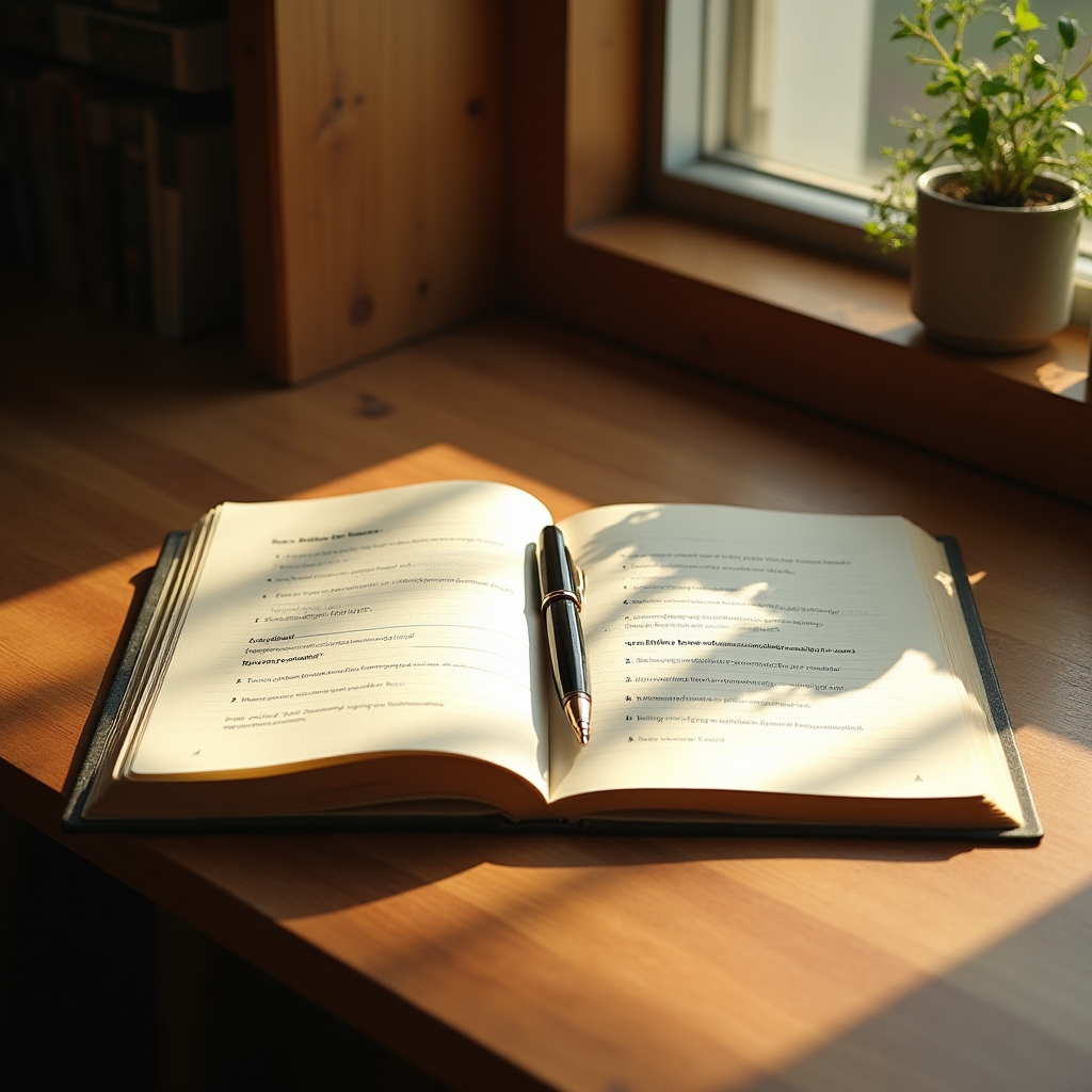 Schreibtisch mit Notizbuch und Unterlagen für eine Reflexionsübung